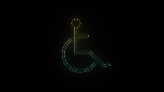 Glowing neon disabled icon on black background. sign in the parking lot. 4K video animation for motion graphics and compositing.