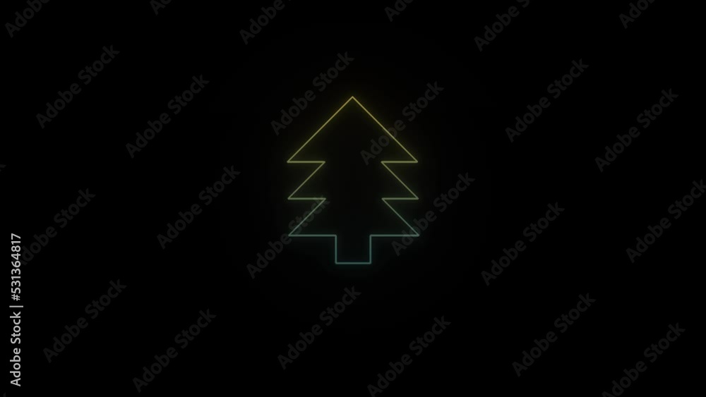 Poster glowing neon tree icon on black background. holiday tree. 4k video animation for motion graphics and