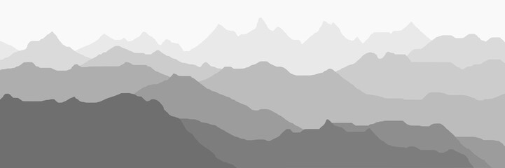 Mountain ranges in the morning haze, black and white landscape, banner