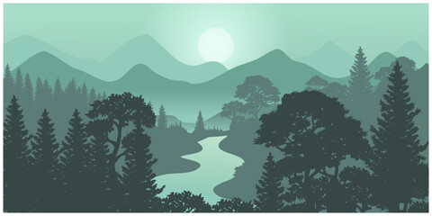 Silhouette of nature landscape. Mountains, forest in background. Blue and green illustration.