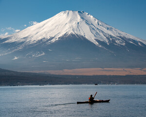 Vintage Kayak on lake in front of Mount Fuji