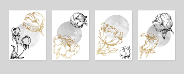 Set of Abstract peonies Hand Painted Illustrations for Wall Decoration, minimalist flower in sketch style. Postcard, Social Media Banner, Brochure Cover Design Background. Modern Abstract Painting.