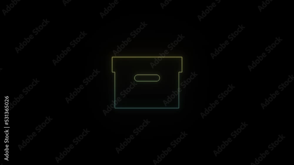 Poster glowing neon box icon on black background. storage of things. 4k video animation for motion graphics