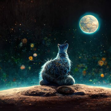 Hyper-realistic illustration of a black cat sitting on a rock while staring at the full moon