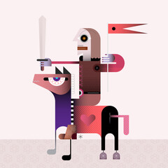 Ridder te paard vectorillustratie. Gekleurd beeld van ridder met zwaard en vlag te paard vectorillustratie. De ridderruiter is klaar om te vechten.