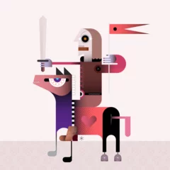Foto op Plexiglas Ridder te paard vectorillustratie. Gekleurd beeld van ridder met zwaard en vlag te paard vectorillustratie. De ridderruiter is klaar om te vechten. ©  danjazzia