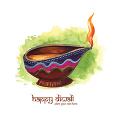 Illustration of watercolor burning diya on happy diwali holiday card design