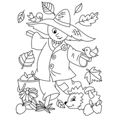 Cute straw scarecrow with hat hedgehog bird apple basket autumn fall season coloring illustration