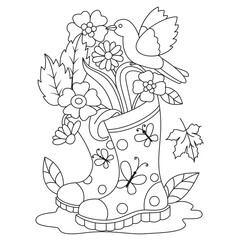 Bird on the colorful decorative boot flowers butterfly maple leaf Autumn Fall season coloring pages