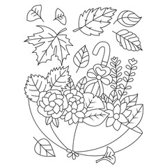 Umbrella full of autumn leaves and flowers gift maple leaves Fall season coloring pages