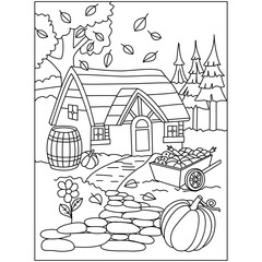 autumn houses sceen fall harvest vegetable fruits with the background trees season coloring pages