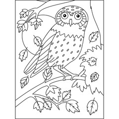 owl on a tree branch in fall season moon green leaves Autumn Fall season coloring illustration pages