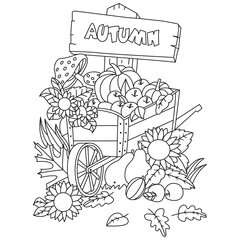 Wheelbarrow car with Autumn signboard full of pumpkin sunflower apple mushroom coloring illustration