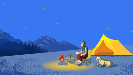 Fototapeta premium Young woman and her dog enjoying night camp in autumn