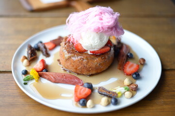 A beautiful and colorful pancake at the cafe