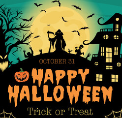 Vector illustration of happy halloween holiday dead headstone full moon