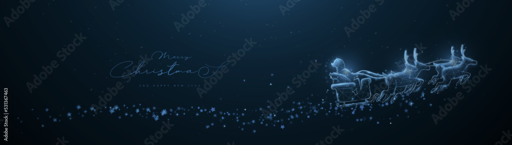 Poster Santa Claus Driving in a Sleigh with Reindeers made from lines, triangles, low polygon and particle style design