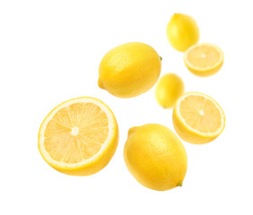 Naklejka na ściany i meble Fresh lemon with cut in half levitate isolated on white background.