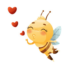 Cute Bee Character with Striped Yellow Body and Wings Air Kissing Sending Red Heart Vector Illustration