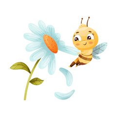 Cute Bee Character with Striped Yellow Body and Wings Tearing Petals from Daisy Flower Vector Illustration