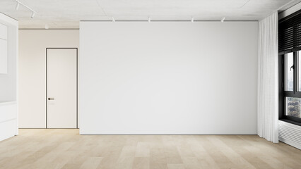 Minimalist, white, empty, contemporary interior with blank wall. 3d render illustration mockup.