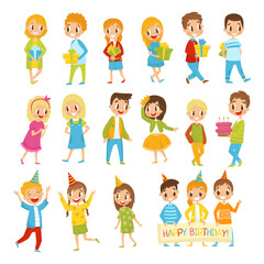 Kids at Birthday Party in Cone Hat with Gift Box Celebrating Holiday Vector Set