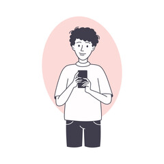 Man Blogger Character with Smartphone Communicating in Social Media Vector Illustration