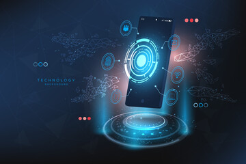 Hi-tech digital technology futuristic circuit digital.Abstract futuristic design.Digital technology 3D mockup mobile phone with hologram and HUD interface. Abstract background technology