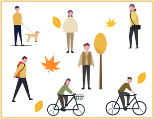 秋の人々のアイコンセット。散歩、ウォーキング、秋のファッション、男女、サイクリング。ベクターイラスト