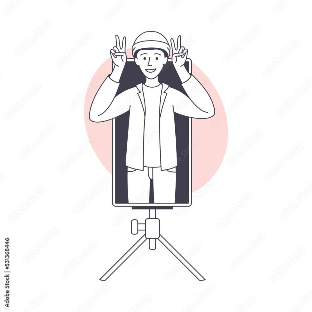 Poster man blogger character with smartphone on tripod showing v sign vector illustration