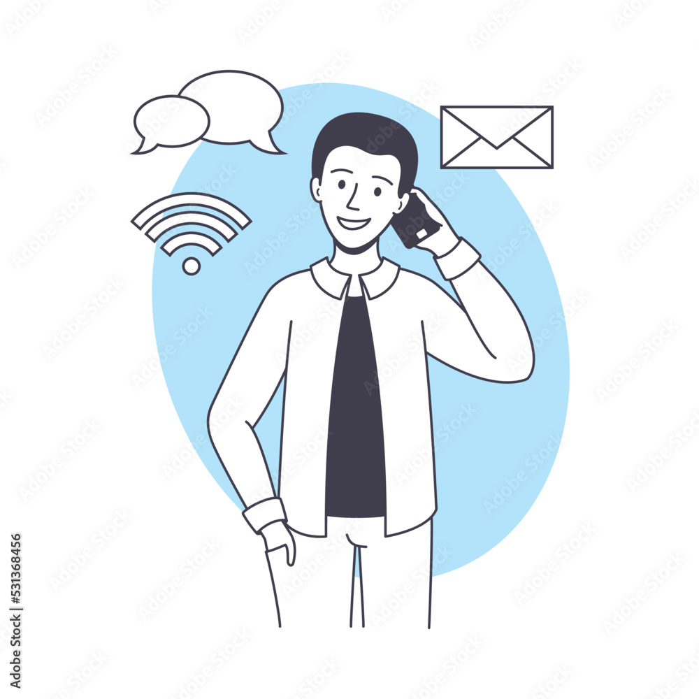 Poster man blogger character with smartphone speaking with someone vector illustration