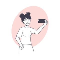 Woman Blogger Character with Smartphone Taking Video or Photo Vector Illustration