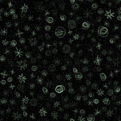 Hand Drawn Snowflakes Christmas Seamless Pattern. Subtle Flying Snow Flakes on chalk snowflakes Background. Authentic chalk handdrawn snow overlay. Brilliant holiday season decoration.