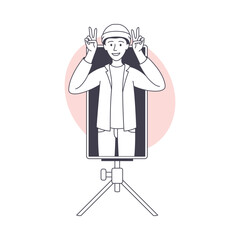 Man Blogger Character with Smartphone on Tripod Showing V Sign Vector Illustration