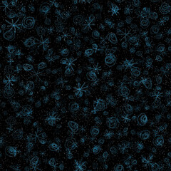 Hand Drawn Snowflakes Christmas Seamless Pattern. Subtle Flying Snow Flakes on chalk snowflakes Background. Authentic chalk handdrawn snow overlay. Alive holiday season decoration.