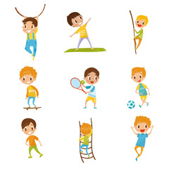 Little Boy Character Doing Different Sport Activity Big Vector Set