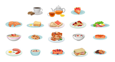 Breakfast Food and Dish Served on Plate as Morning Meal Vector Big Set