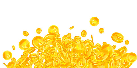 Russian ruble coins falling. Scattered gold RUB