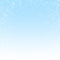 Christmas falling snow background. Subtle flying snow flakes and stars. Festive winter silver snowflake overlay template. Vector illustration