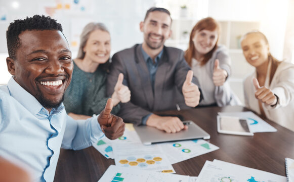 Thumbs Up, Team Success And Diversity Of Office Employee Team Happy And Motivation Of Teamwork. Thank You, Winner And Yes Hand Sign Of Business Workers Smile Doing A Collaboration And Corporate Goal