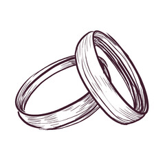 A hand-drawn sketch of wedding rings. Wedding accessory of the bride and groom, monochrome, line art