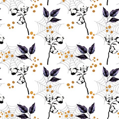 Floral seamless pattern with black leaves and cotton branch. Halloween background on texture watercolor. Hand drawn style.