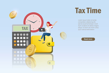 Tax time, online tax payment. Woman filling tax form and calculating fiscal income tax payment. Accounting and financial management.