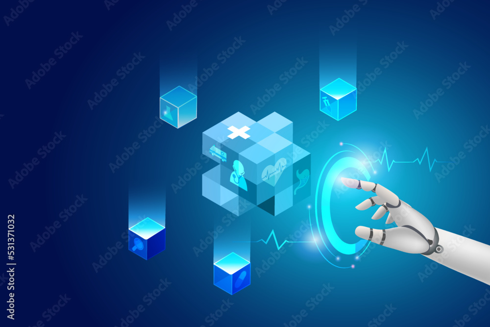 Aufkleber medical robotics technology. robot hand touching medical block chain service network connection. art