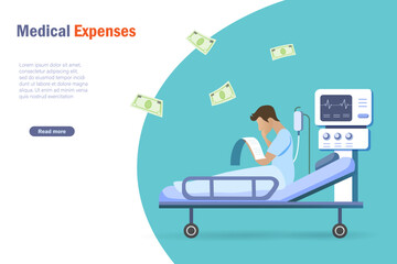 Medical expenses and health insurance concept. Patient in hospital holding medical bills feeling worry about surgery cost, hospital expenses.