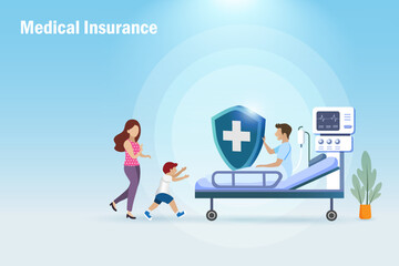 Medical and health insurance protection. Happy family in hospital bed with medical insurance shield to support medical surgery expenses and hospital bill.