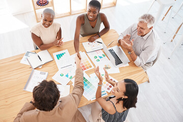 Handshake, welcome and thank you with business people shaking hands and their team in celebration with applause. Teamwork, b2b and achievement with a work group reaching an agreement, deal or goal