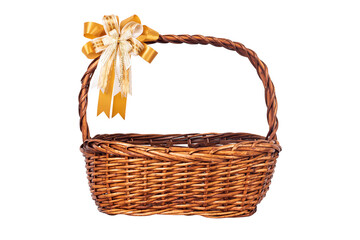 Fototapeta na wymiar Christmas basket or Empty Wood basket and gold ribbon bow decoration isolated on white background.
