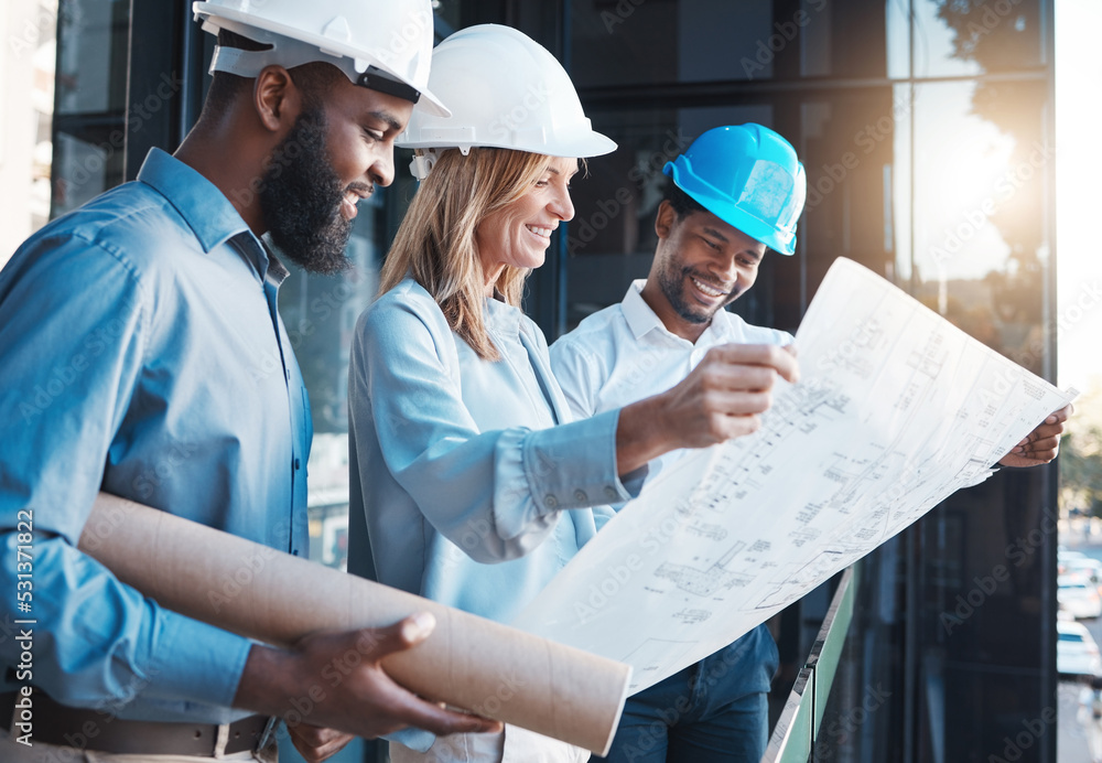 Sticker Architecture, construction building with an architect, engineer and designer working as a team and reading a blueprint. Teamwork, collaboration and development with a group of creative staff