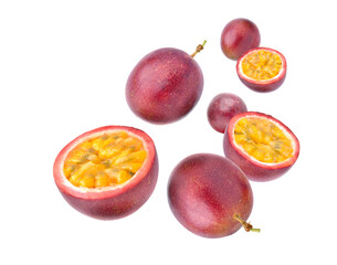 Purple passion fruit (Passiflora edulis) levitate isolated on white background. full depth,...